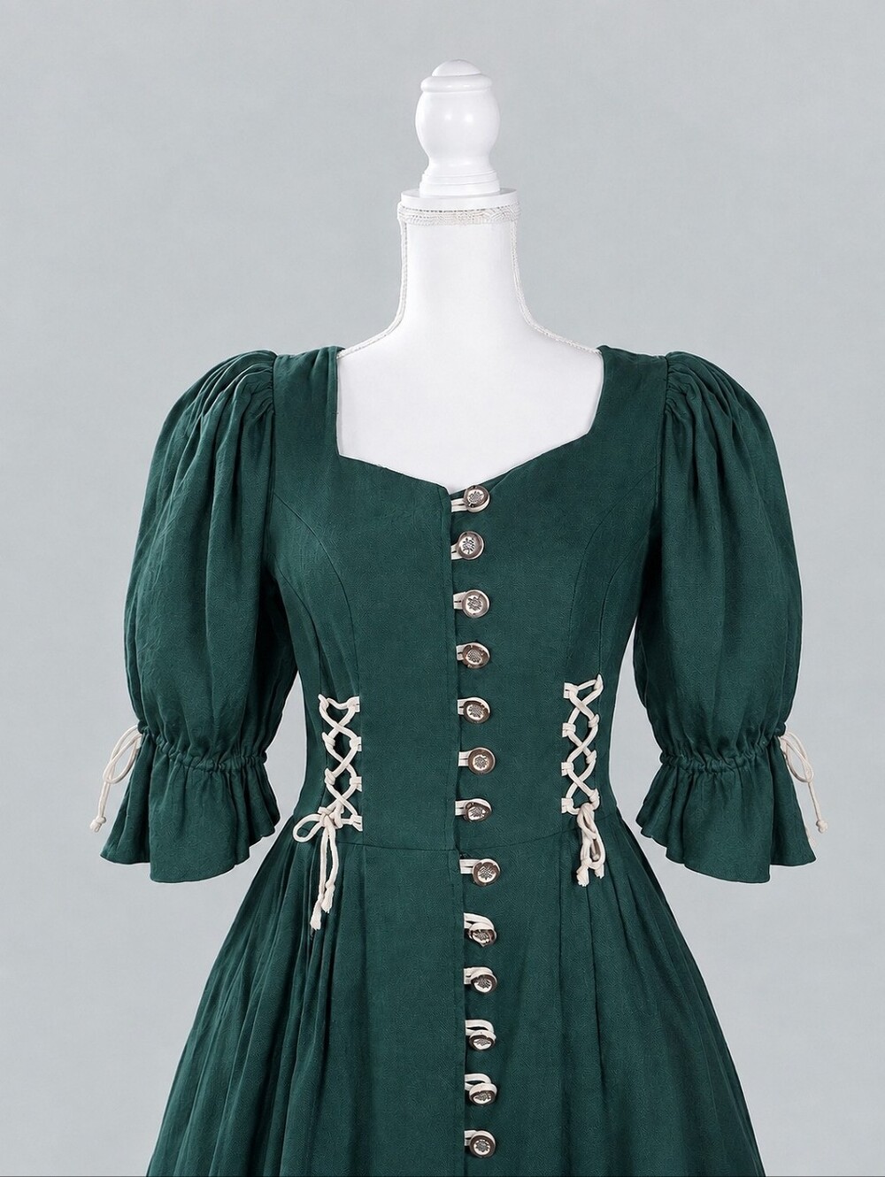 Vintage Forest Green Button-Front Renaissance Maxi Dress with Lace-Up Sides